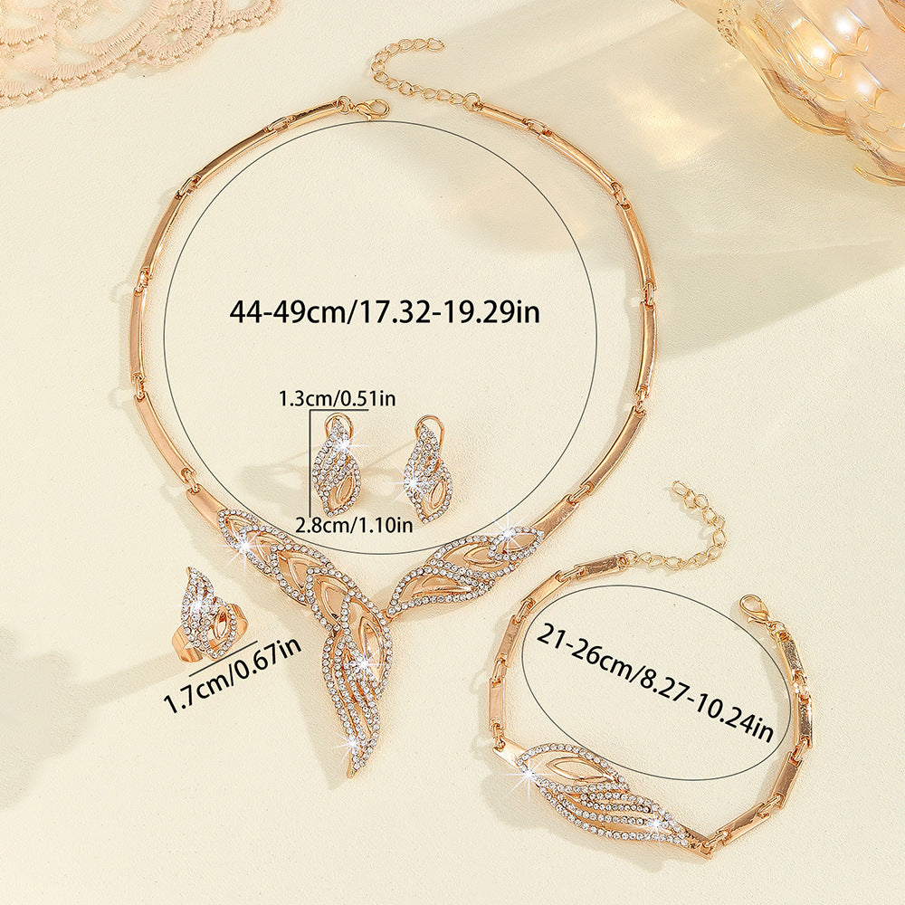 Fashion diamond set gold leaf necklace earrings ring bracelet four-piece