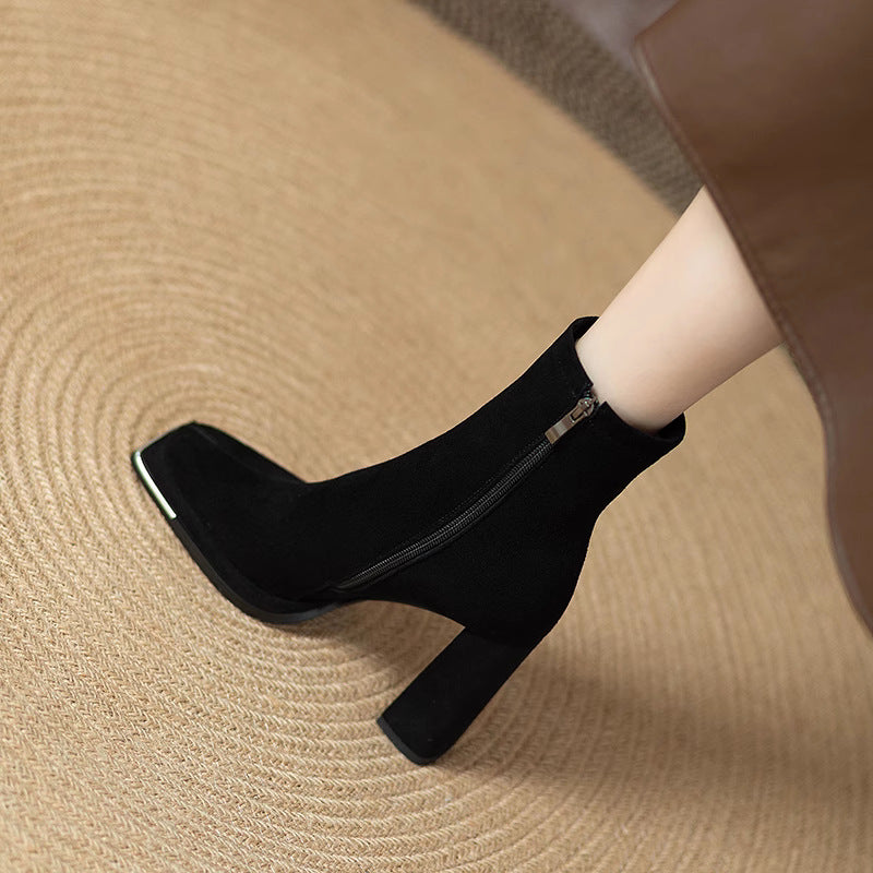 Square Toe High Heel Martin Boots with Side Zipper