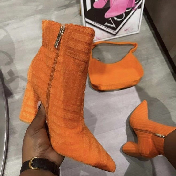Sexy Block Heel Booties with Pointed Toe and Side Zipper: Autumn and Winter Women's Plus Size High Heel Fur Martin Boots