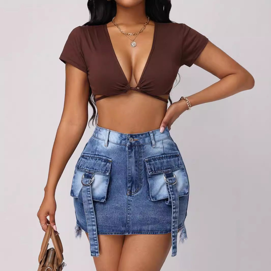 Women's Casual Denim Skirt with Large Pocket Decoration for Workwear