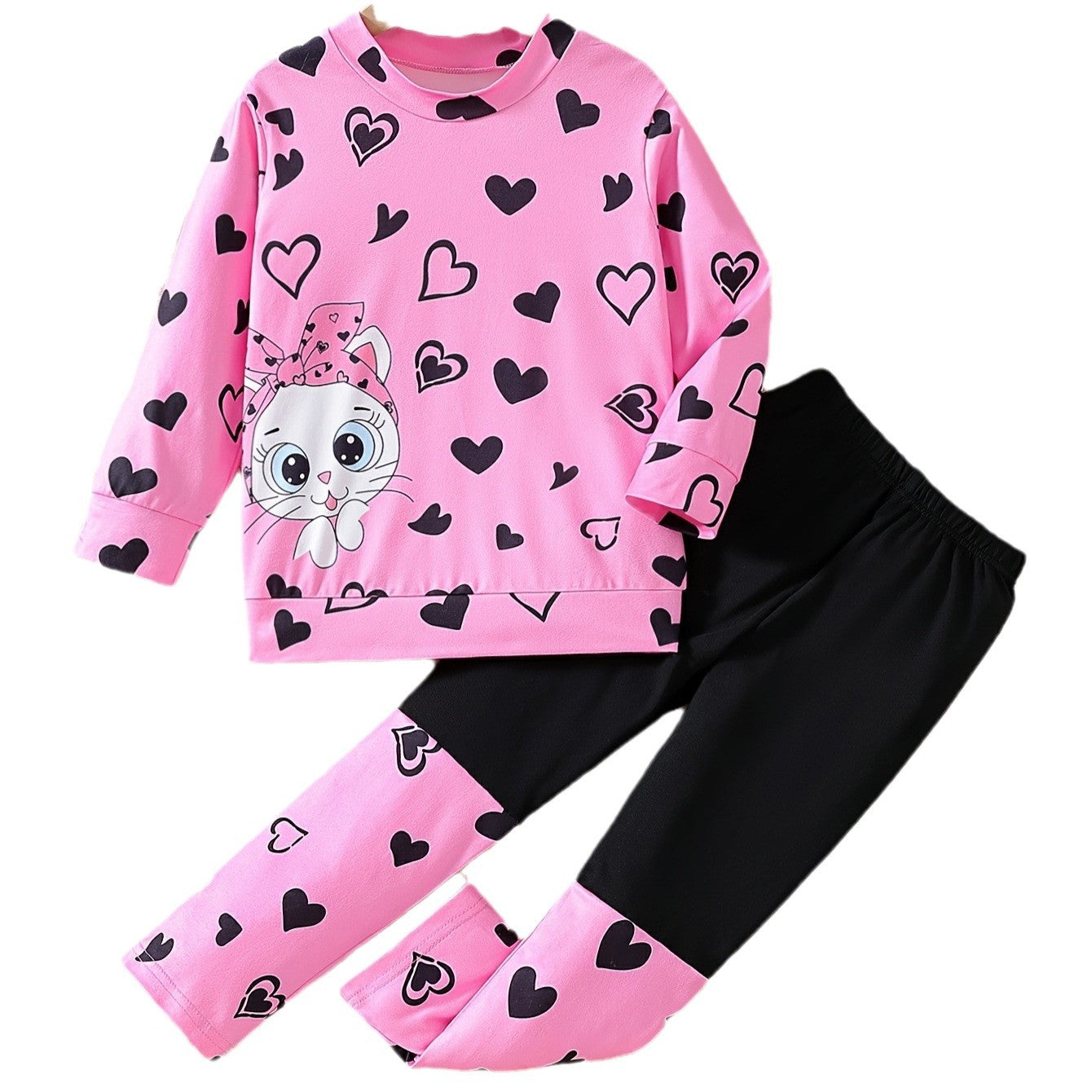 Girls' Pink Cat & Heart Print Sweatshirt Set