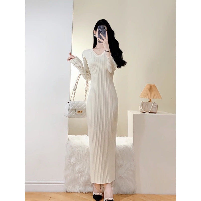 V-Neck Knitted Sweater Dress