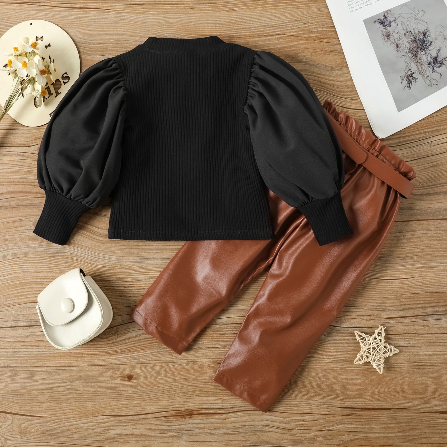 Girls' Spring/Autumn Fashion Set Bubble Sleeve Top & PU Leather Pants