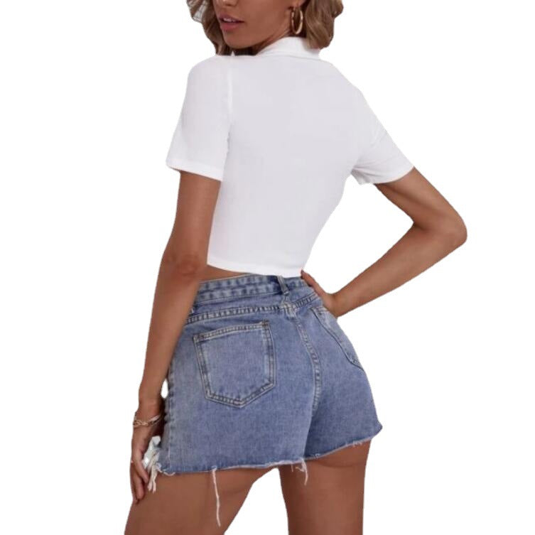 Threaded Knit Short Sleeve V-Neck Slim Top