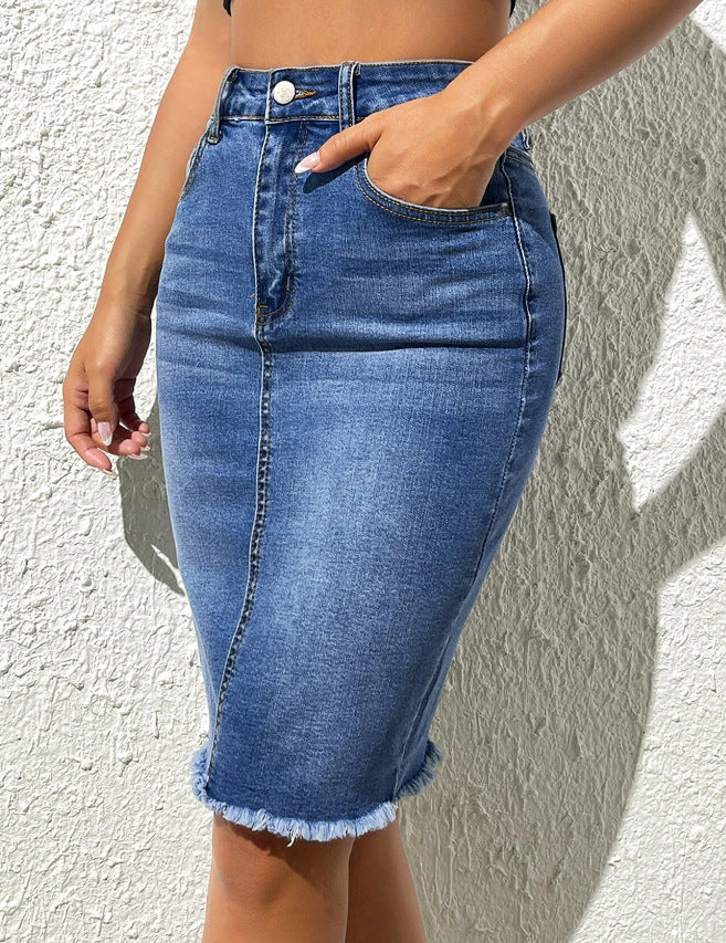 Stretch high-waisted frayed hip skirt