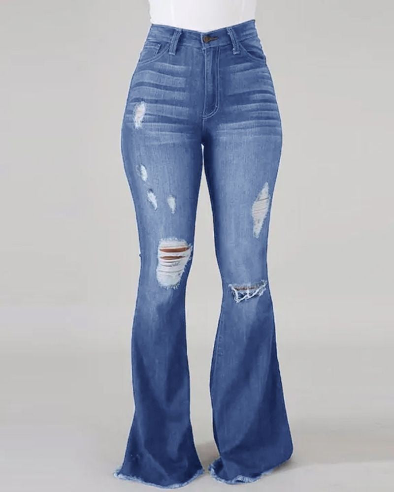 High-elastic ripped, high-waisted flared jeans (On Hand)