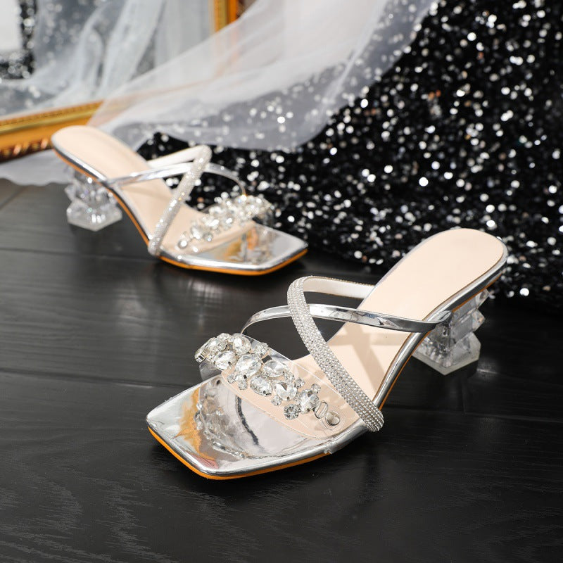 Shiny rhinestone with transparent crystal block high heel