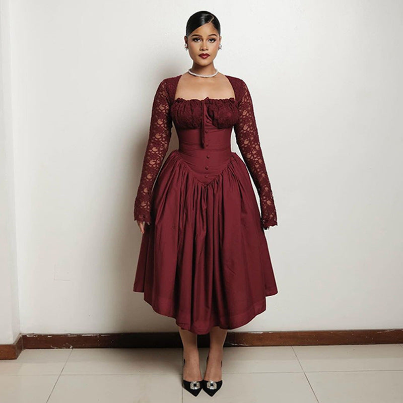 Spring Women's Lace Long Sleeve Midi Dress