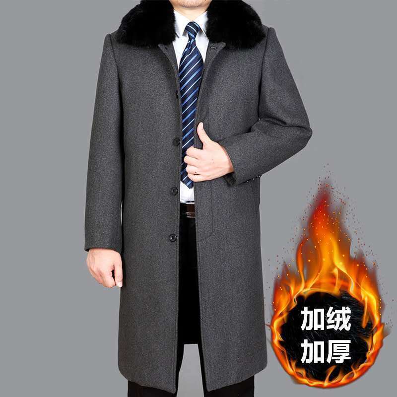 Mens Woolen Trench Coat Business Casual Long Over-Knee Jacket Autumn Winter