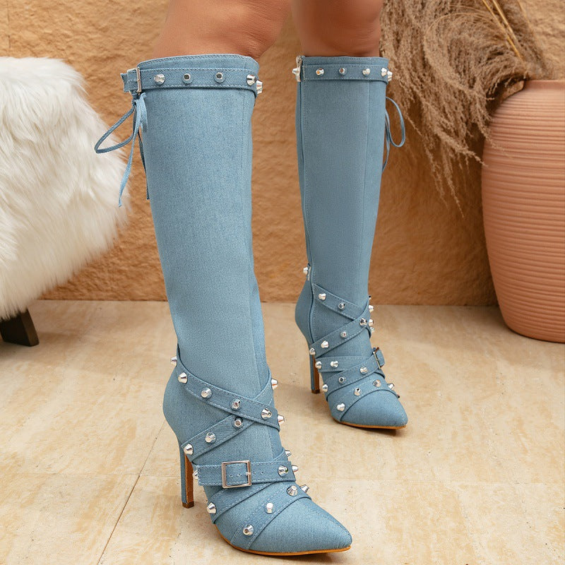 Studded straps knee , high heel leather boots