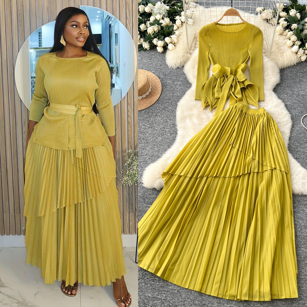 Chic Pleated Two-Piece Set with Tie Waist