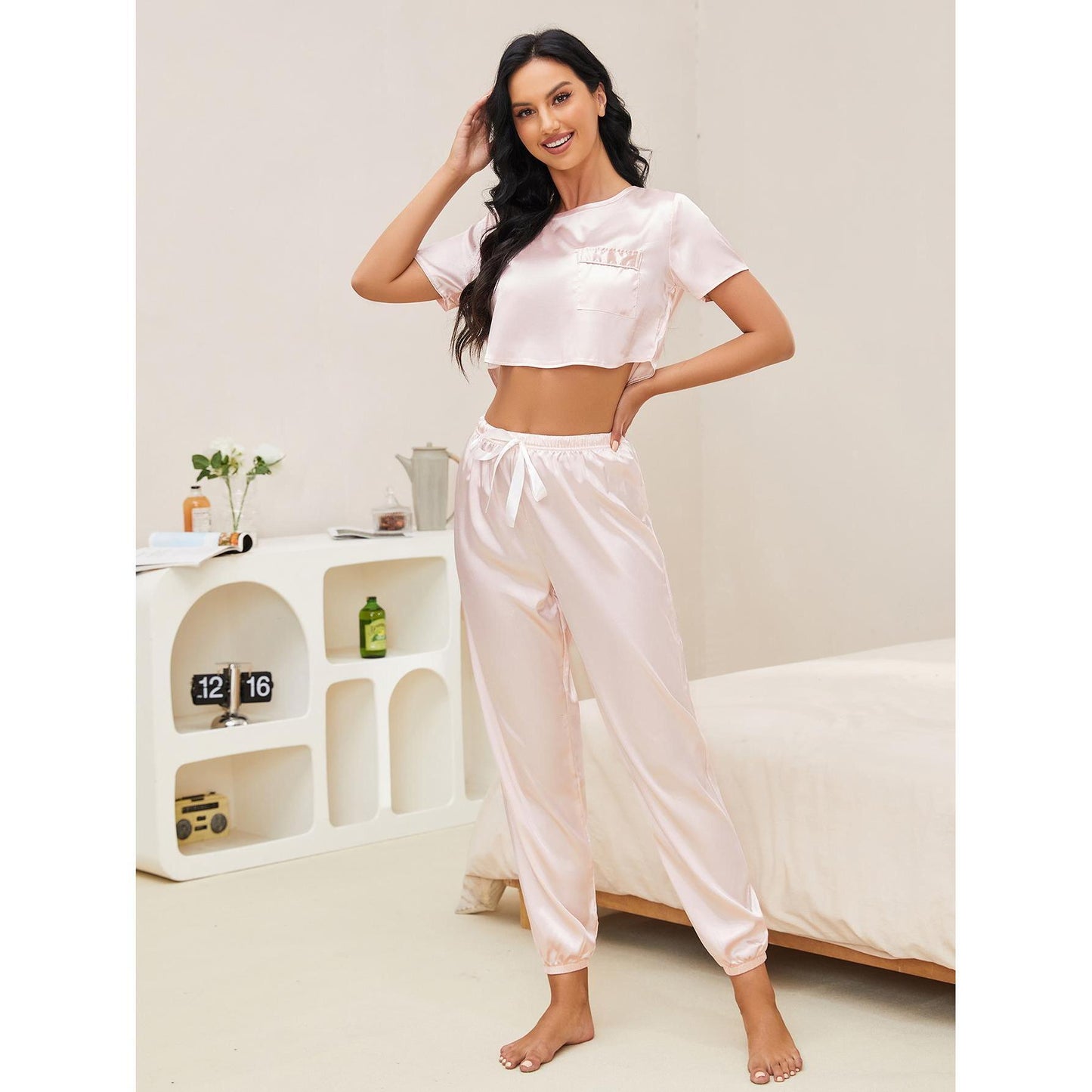 Women's spring and autumn imitation silk short tops