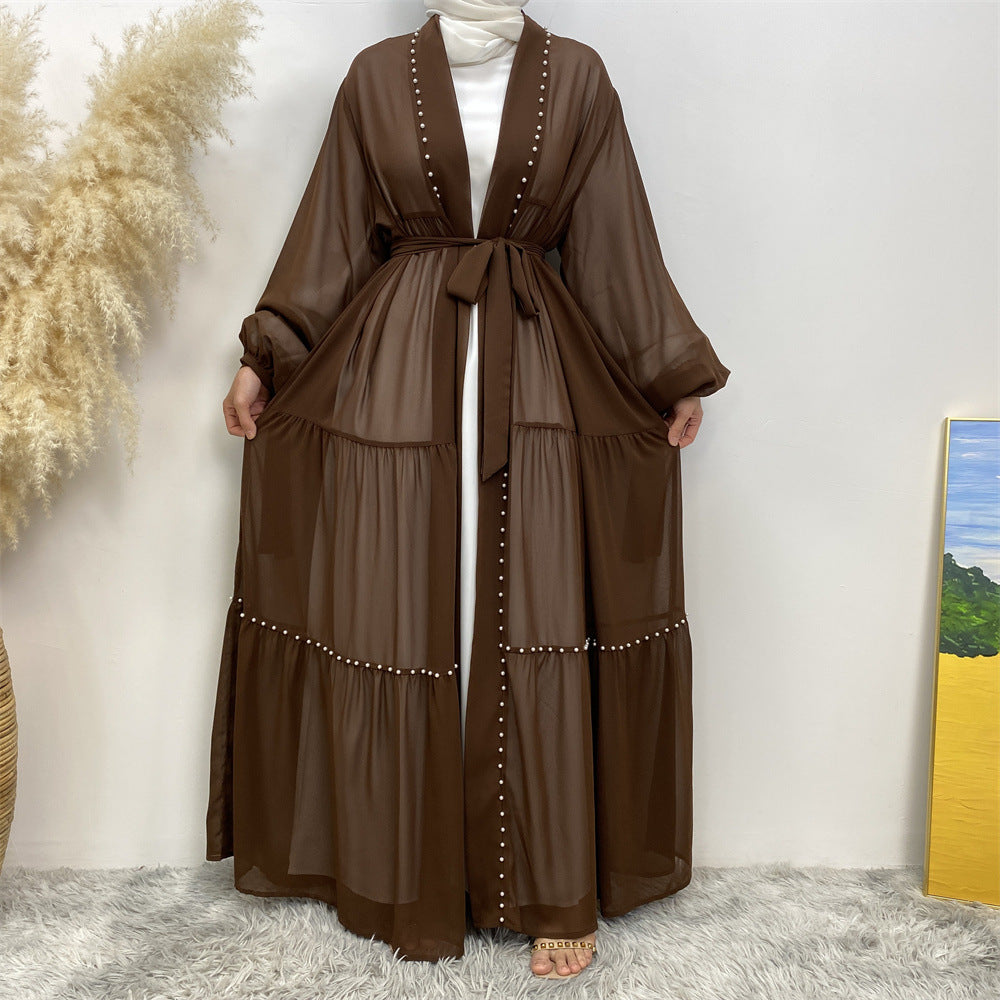 Elegant Beaded Chiffon Lace-Up Cardigan Robe