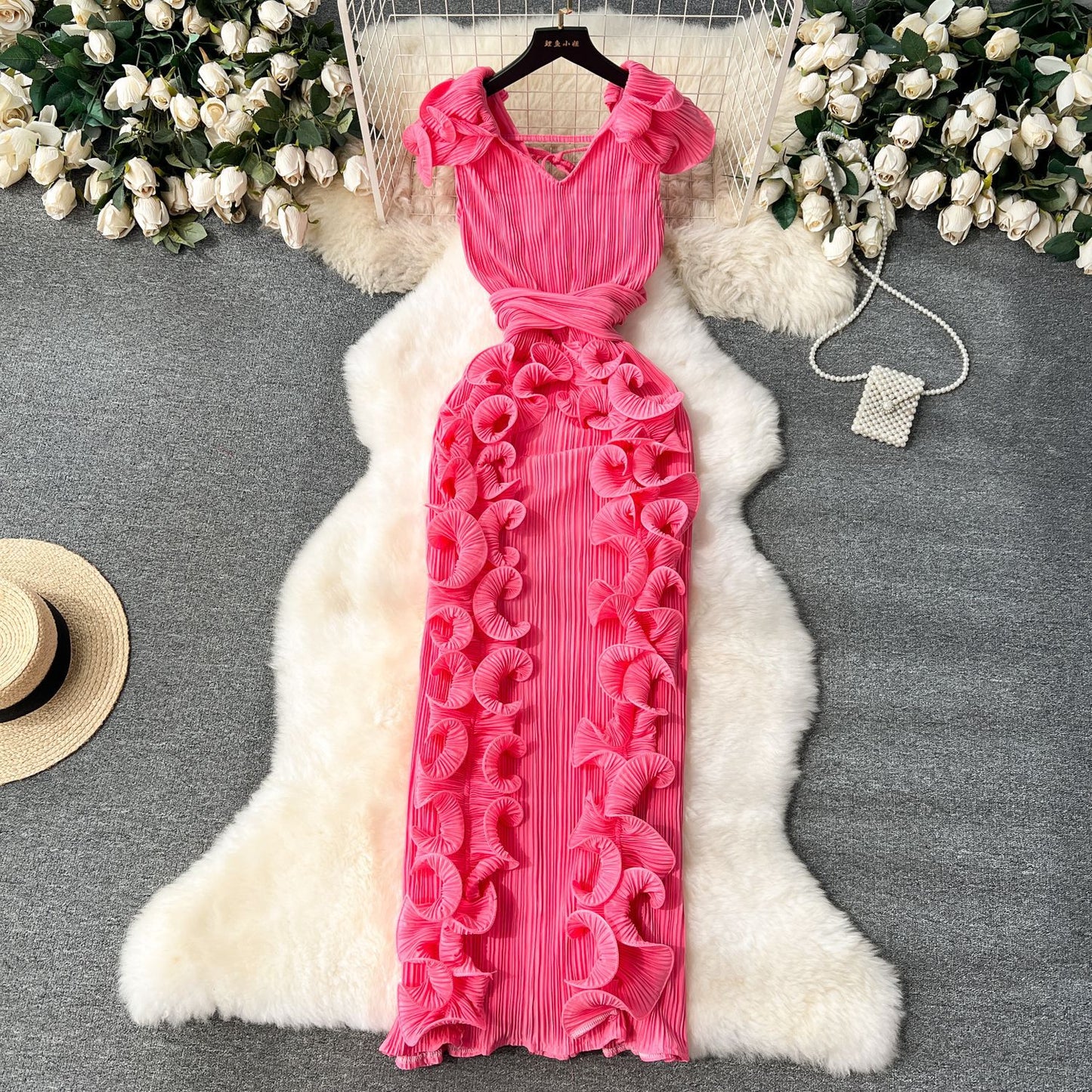 Elegant High-End Pleated Ruffle Evening Dress