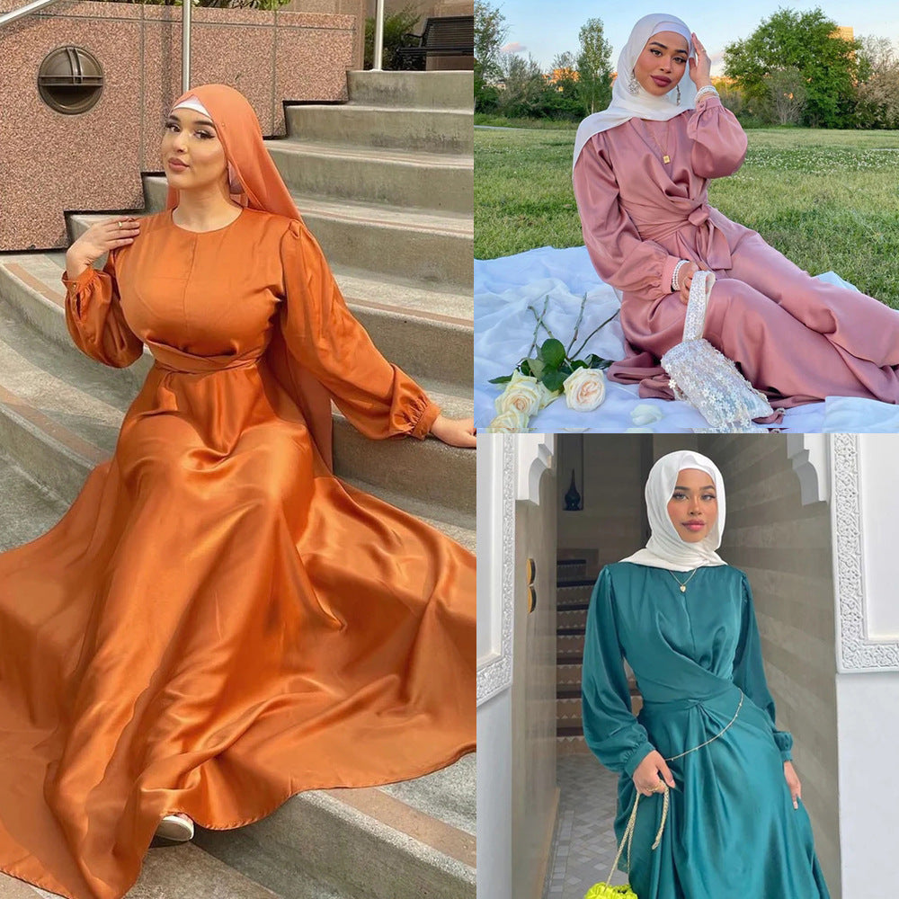 Muslim Hui Solid Color Robe and Ankle Dress abaya