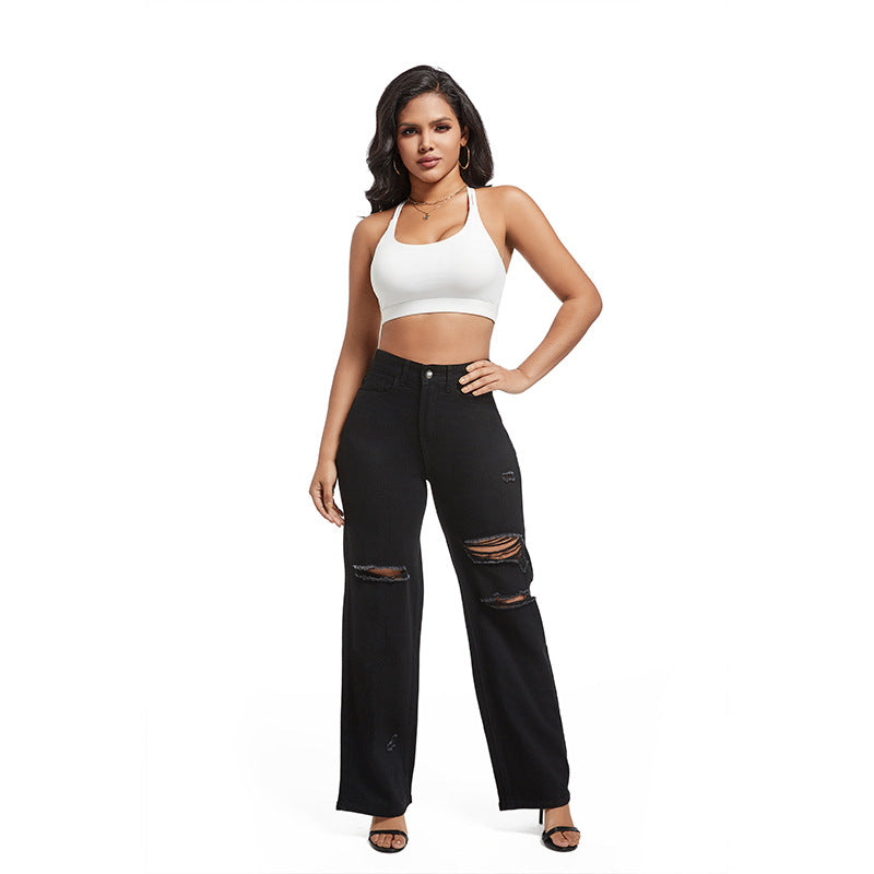High-quality temperament ripped wide-leg pants jeans (On Hand)