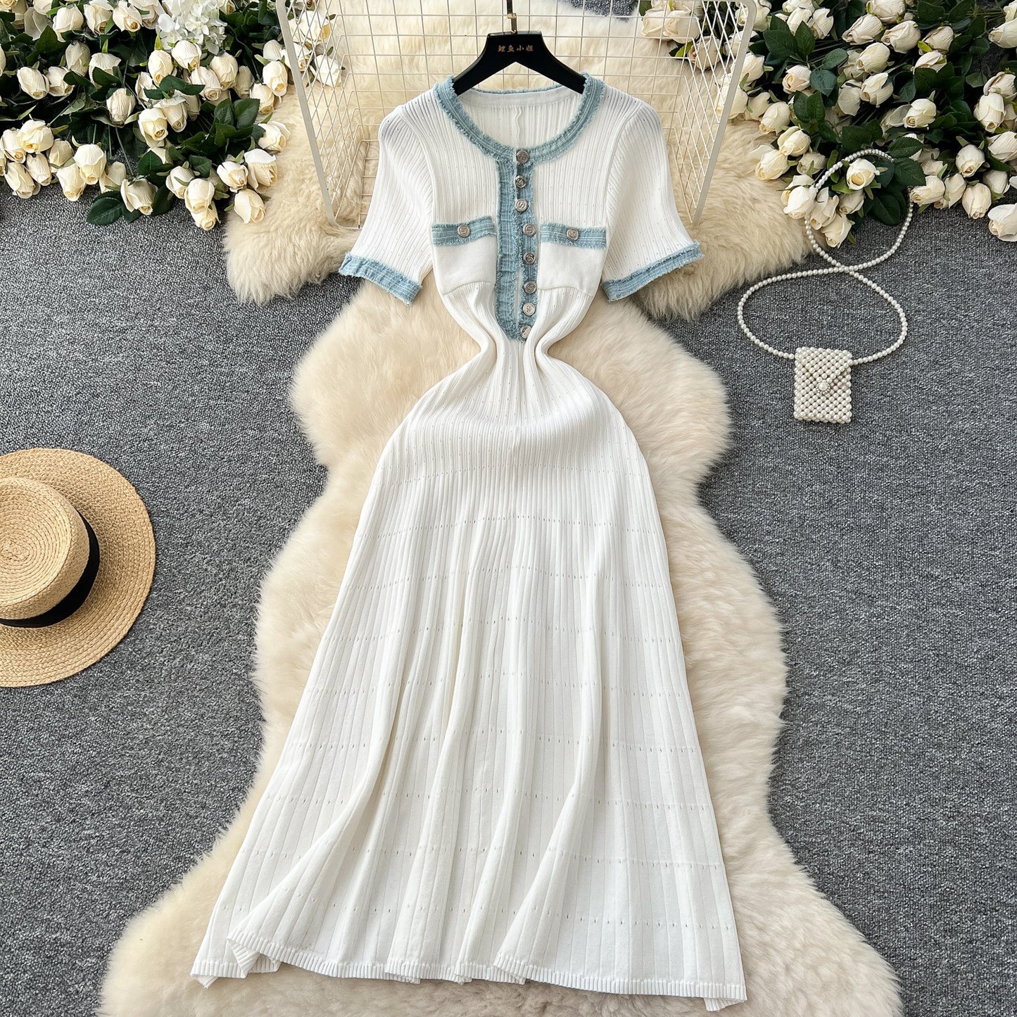 High-End Denim Stitching Knit Dress