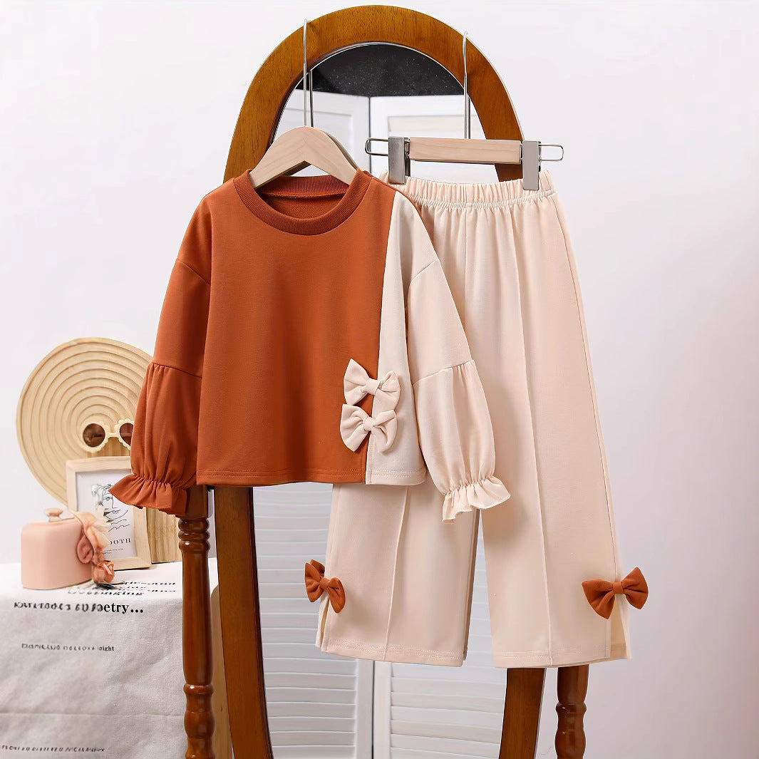 Girls' Contrast-Color Sweatshirt & Wide-Leg Pants Set