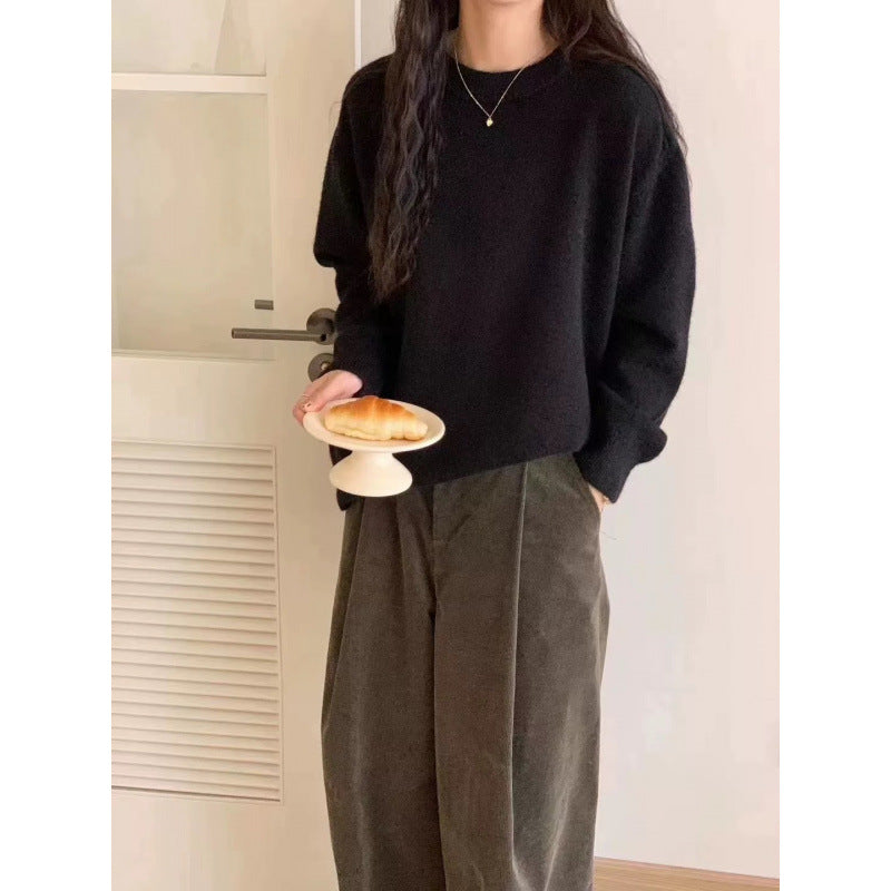 Solid Color Crew Neck Loose Knit Sweater Casual Autumn Winter Pullover