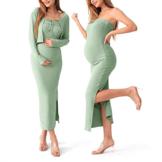 Maternity Knit Two-Piece Set - Long Sleeve Cardigan & Wrap Dress for Summer Comfort