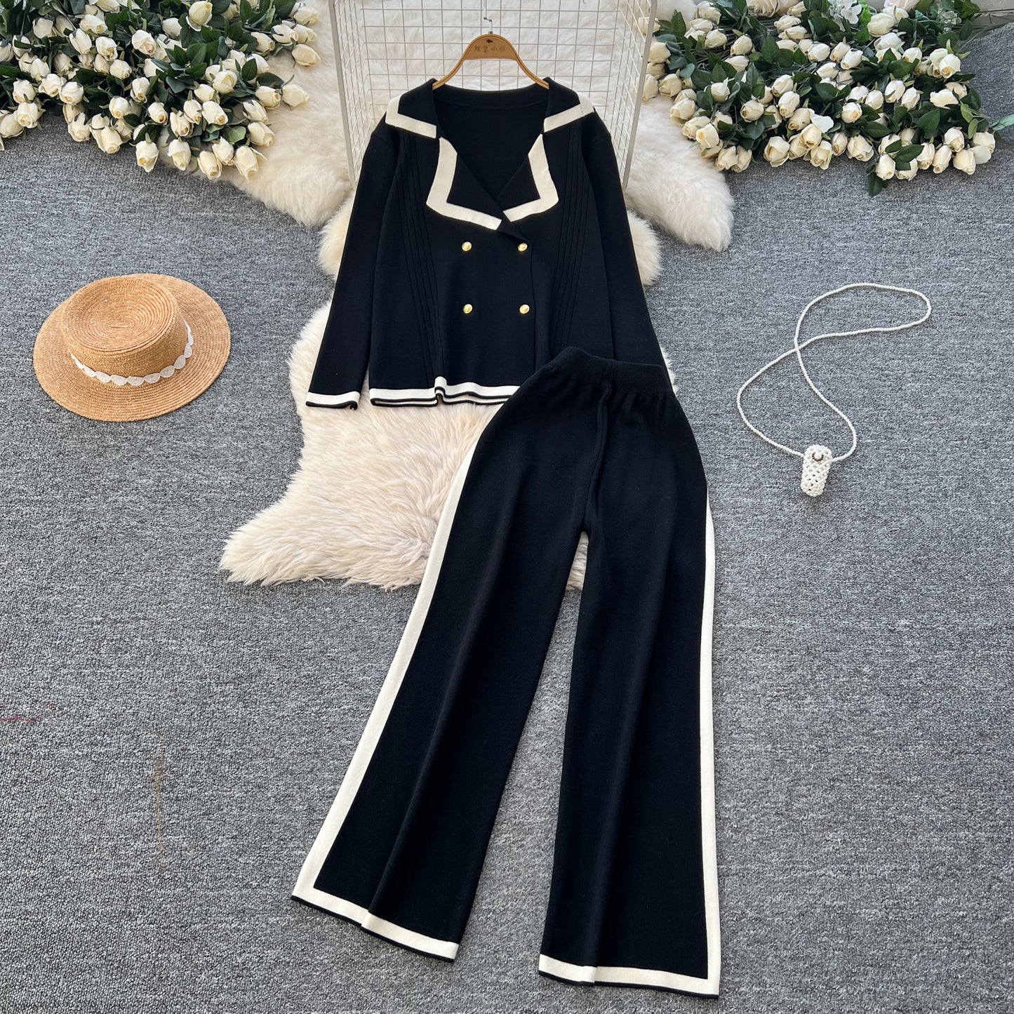Chic Knitted Suit Collar Two-Piece Set