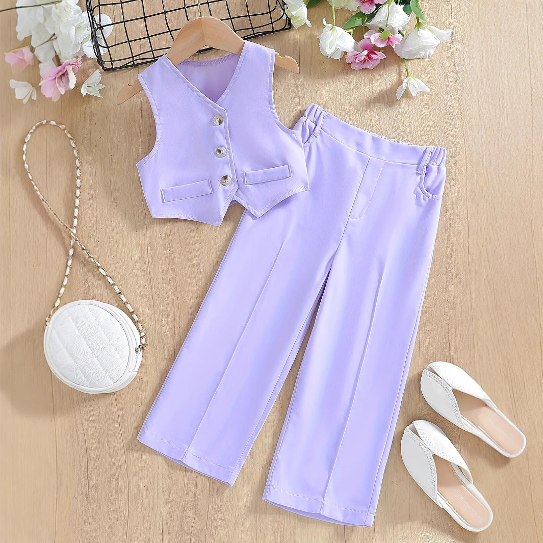 Lila Breeze Girls' 2-Piece Set: Stylish Sleeveless Vest & Trousers.