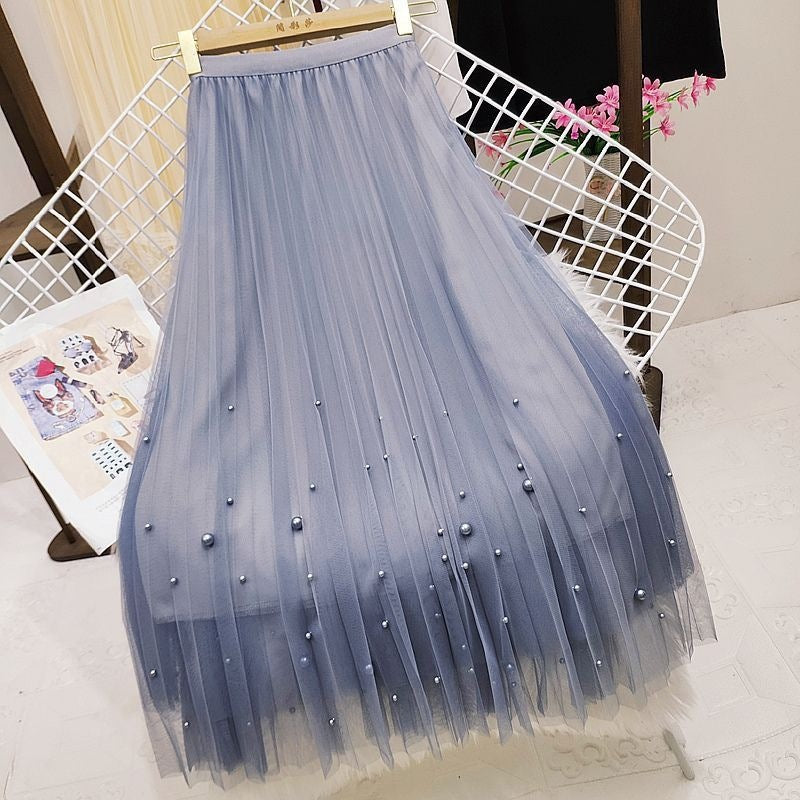 Beaded Mesh Midi Skirt