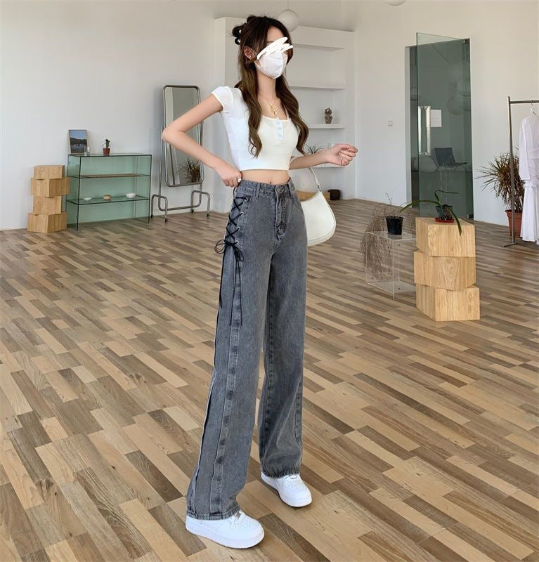 lace-up summer high waist loose wide leg jeans pants (On Hand)