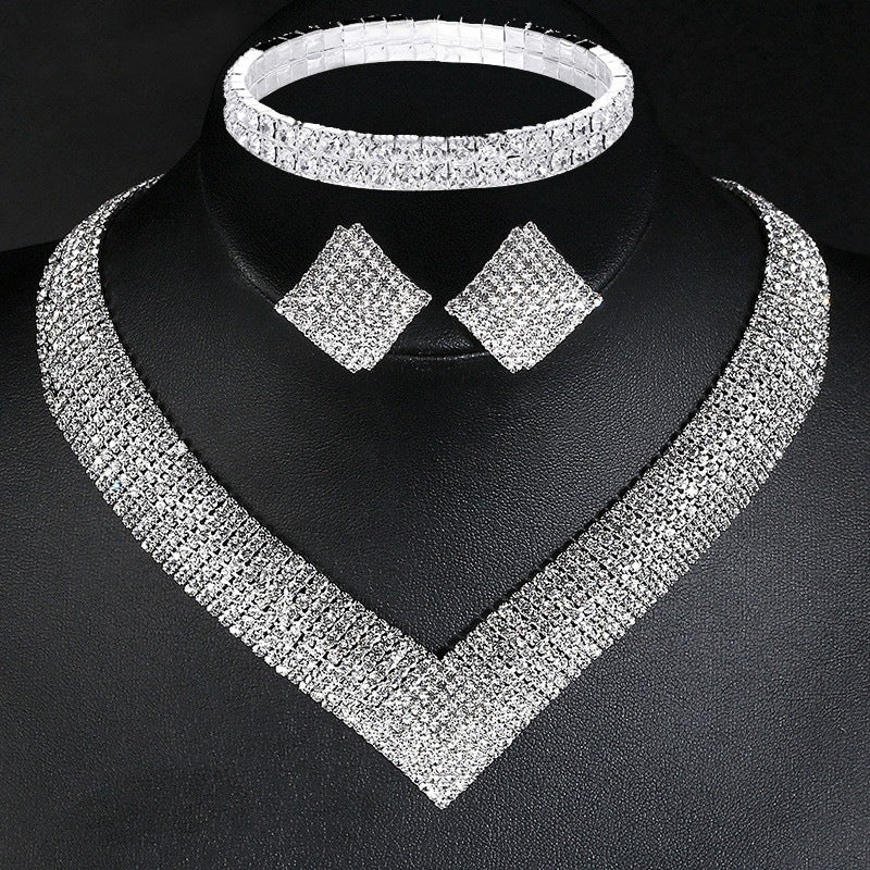 Light luxury rhinestone silver-plated earrings necklace bracelet bridal jewelry
