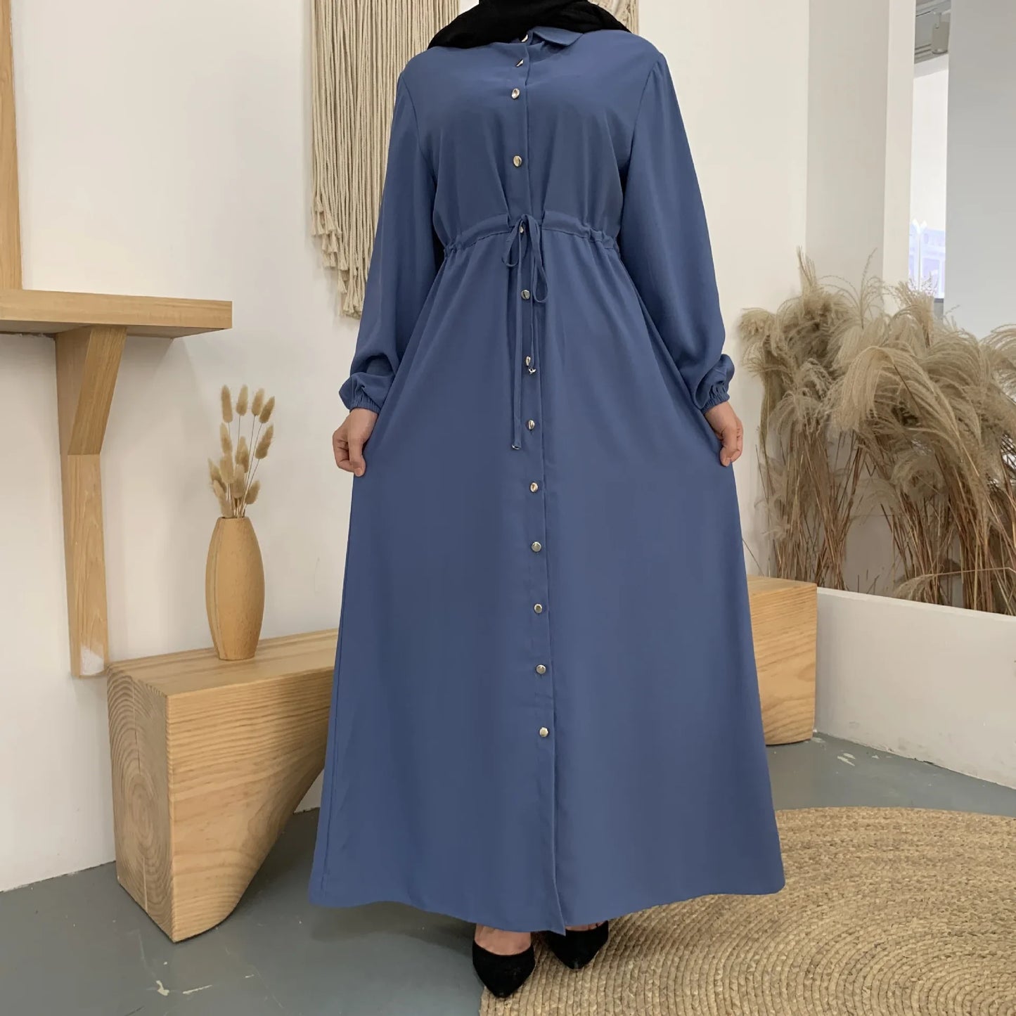 Stylish Muslim Lapel Button-Down Slim Dress