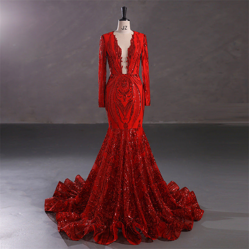 Sexy V-neck catwalk hip wrap, long sleeved evening dress