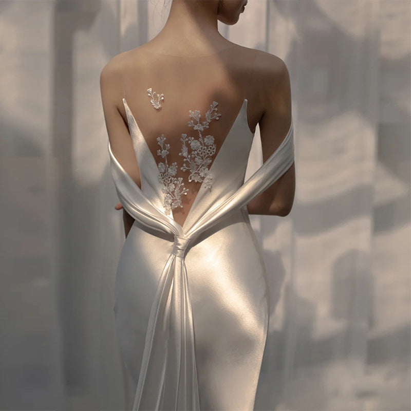 French satin light bridal fishtail niche design white wedding dress