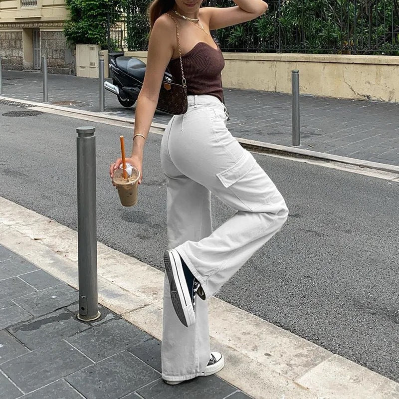 Straight-leg jeans, casual high-waisted ins street pocket cargo baggy trousers