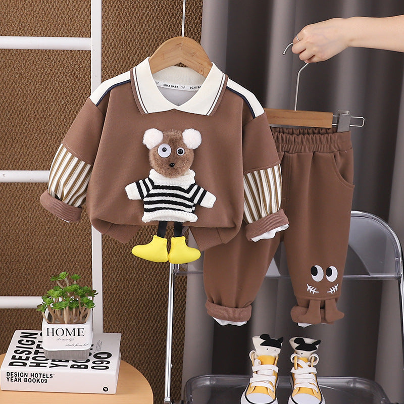 Adorable Bear Lapel Two-Piece Set Spring & Autumn Cozy Outfit for Babies & Toddlers (0-4 Years)