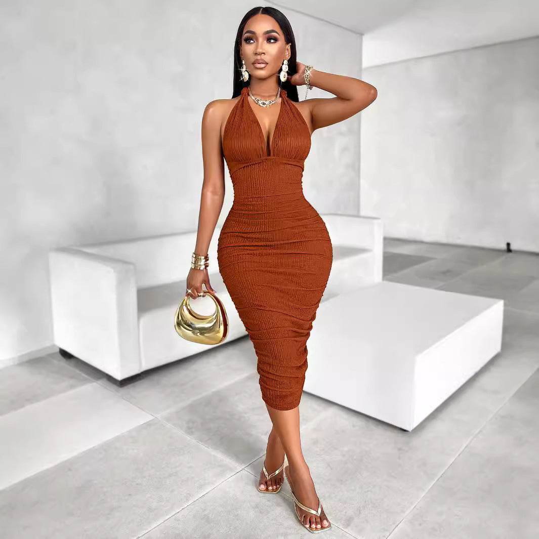 Women's independent station hit the summer solid color halterneck hip dress