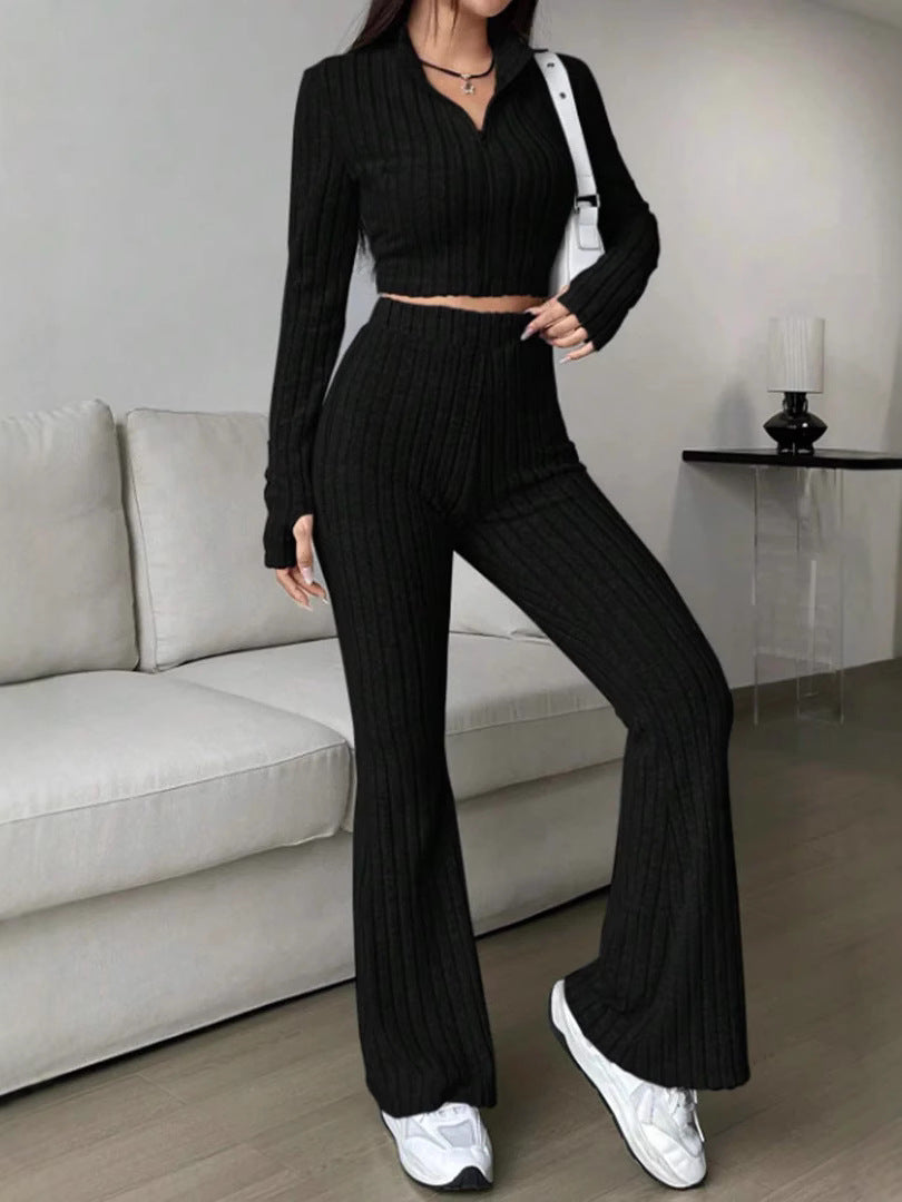 Zipper Cropped Top & High-Waisted Flared Pants Set
