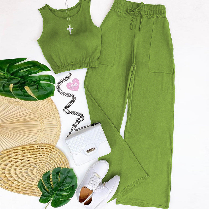 Solid color cropped vest, drawstring high-waisted straight pants, fashionable casual suit