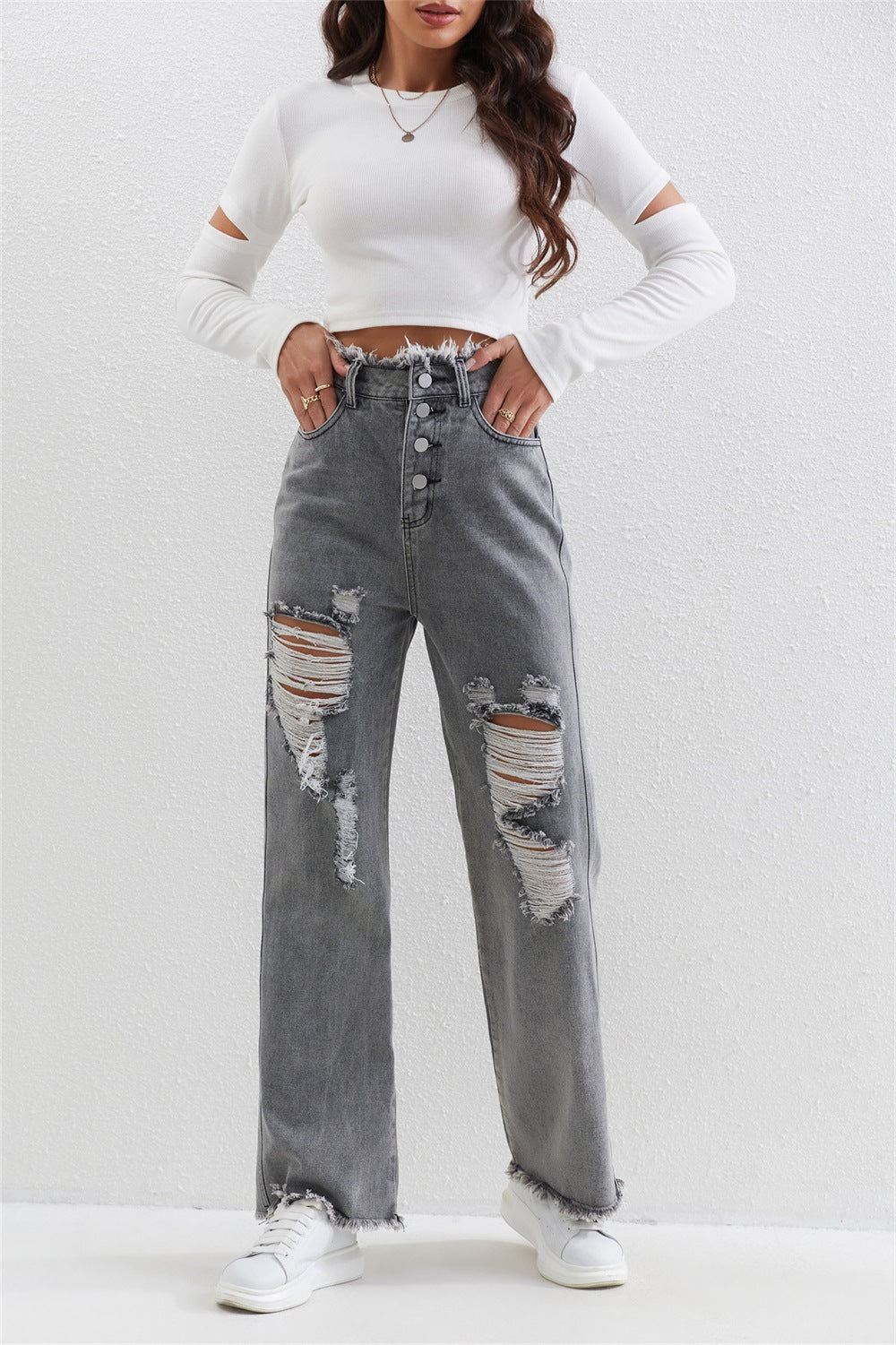 Gray wash ripped straight pants