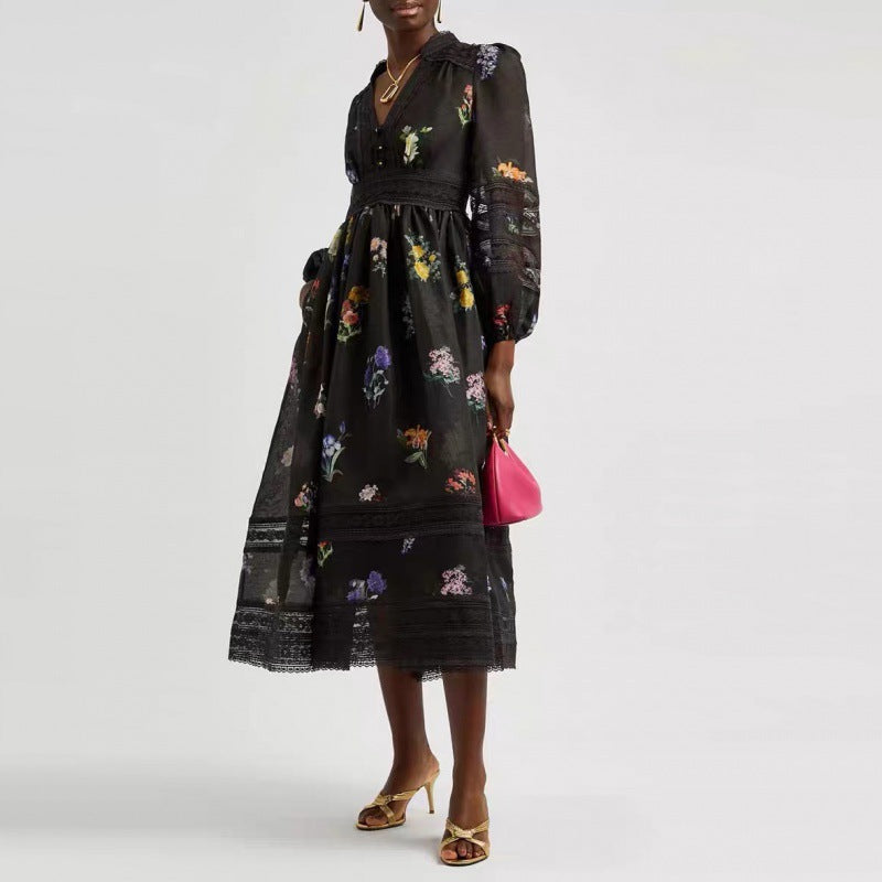 Elegant Black Print Lace Spliced Swing Dress