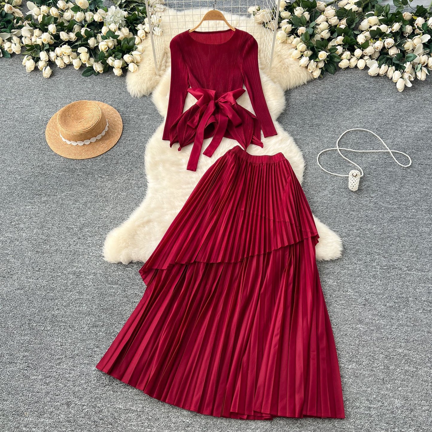 Chic Pleated Two-Piece Set with Tie Waist