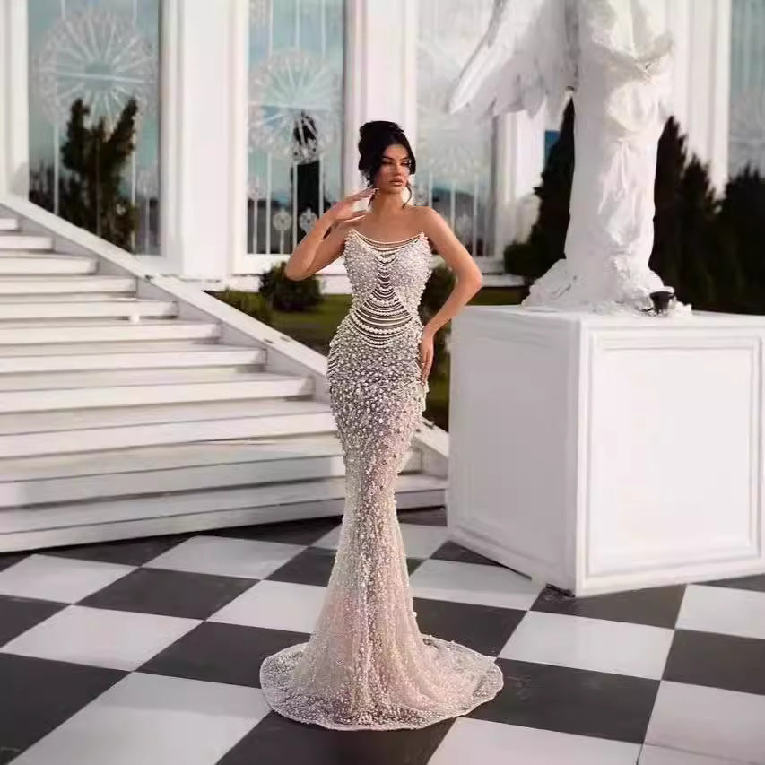 White V-neck see-through mesh high-waisted slimming banquet Dress.