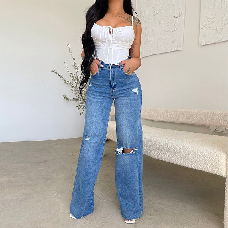 Long high-waisted ripped raw edges comfortable wide-leg pants