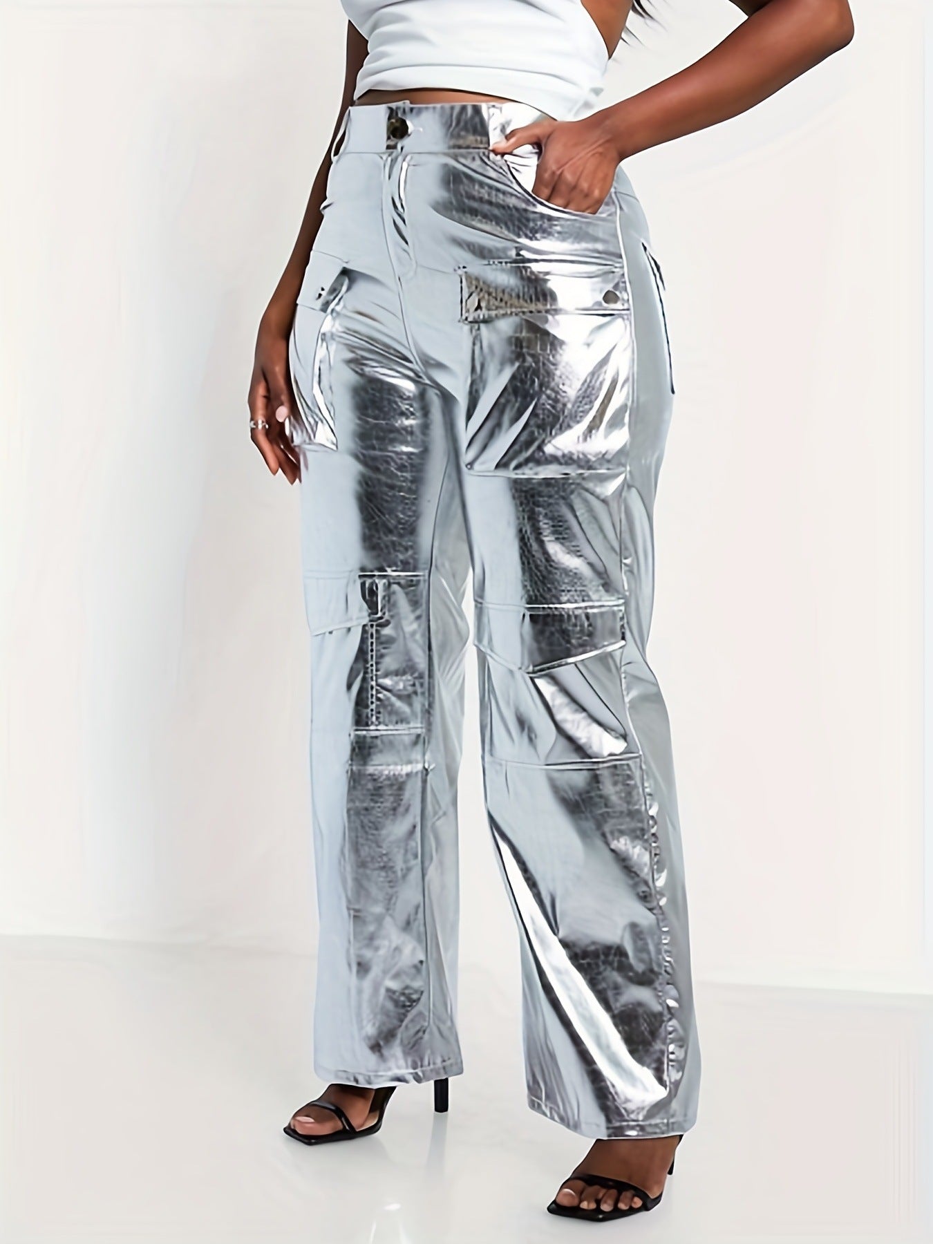 Hot silver, straight, wide-legged overalls, plus-size women's leather pants