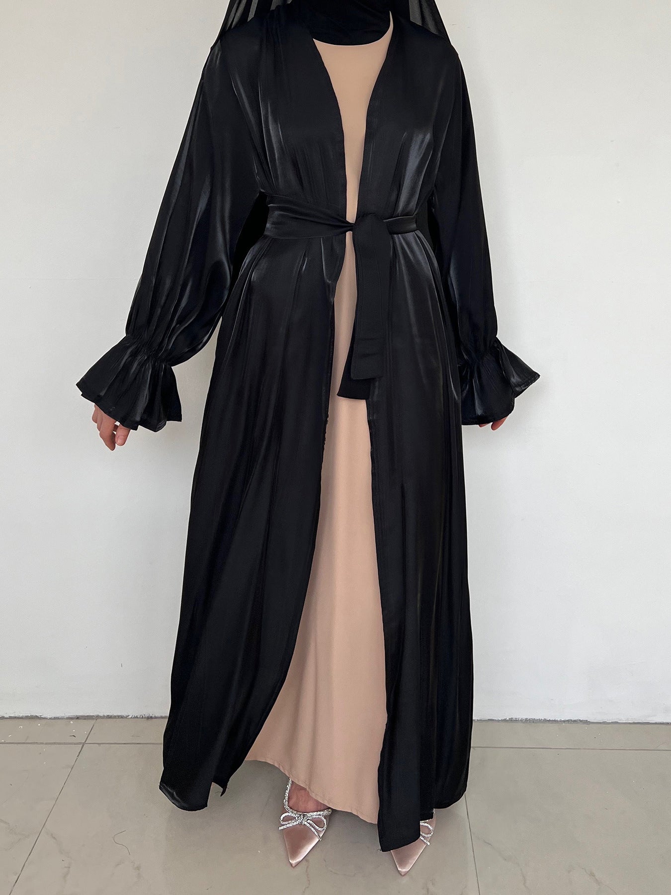 Muslim Abaya cardigan, temperament, long bright silk satin