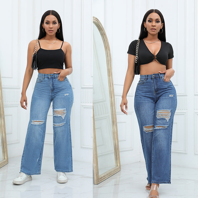 High-quality temperament ripped wide-leg pants jeans (On Hand)