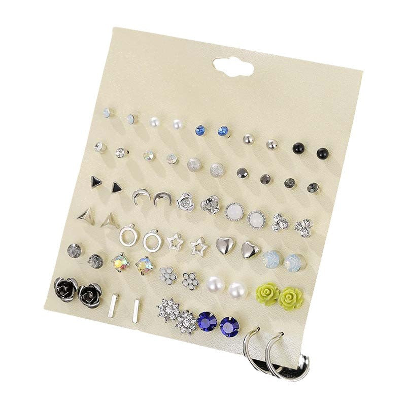 Small Flower Diamond-Studded Alloy Earrings Set - 30 Pairs