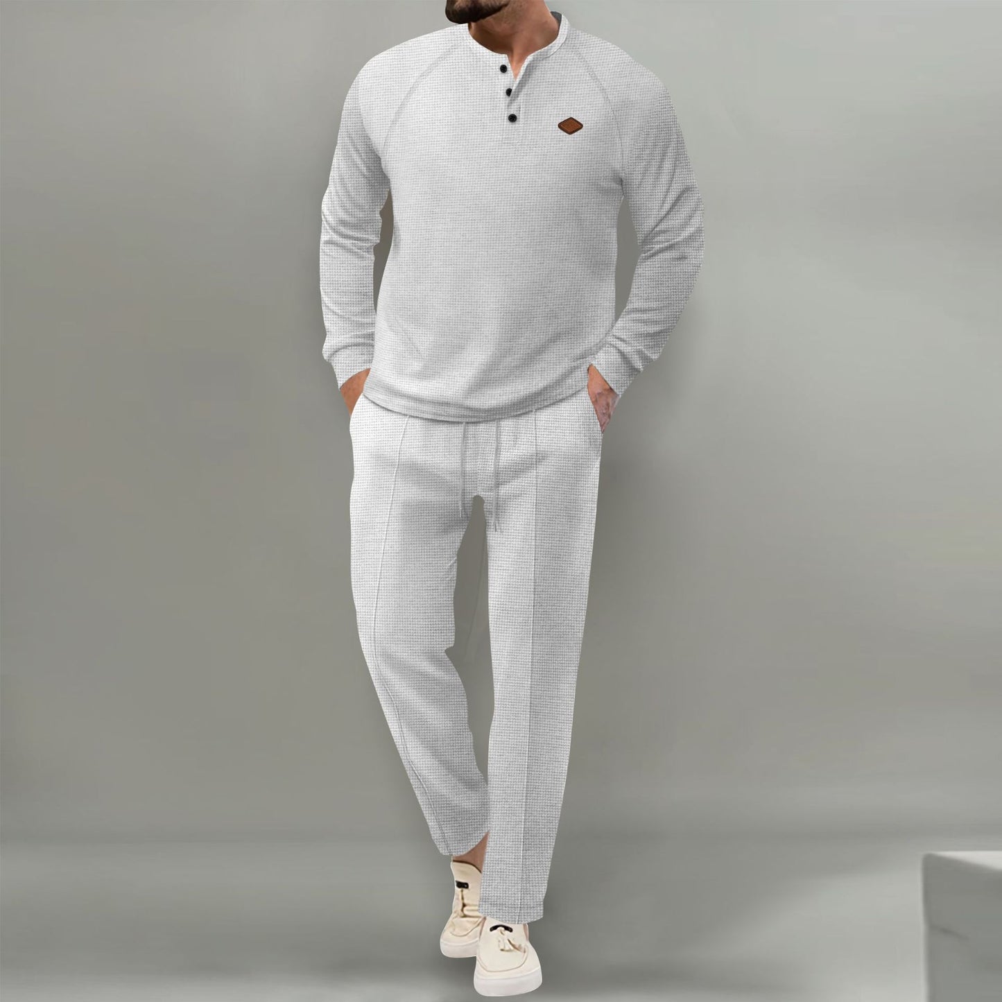 Men's Solid Color Waffle Henley Suit Set