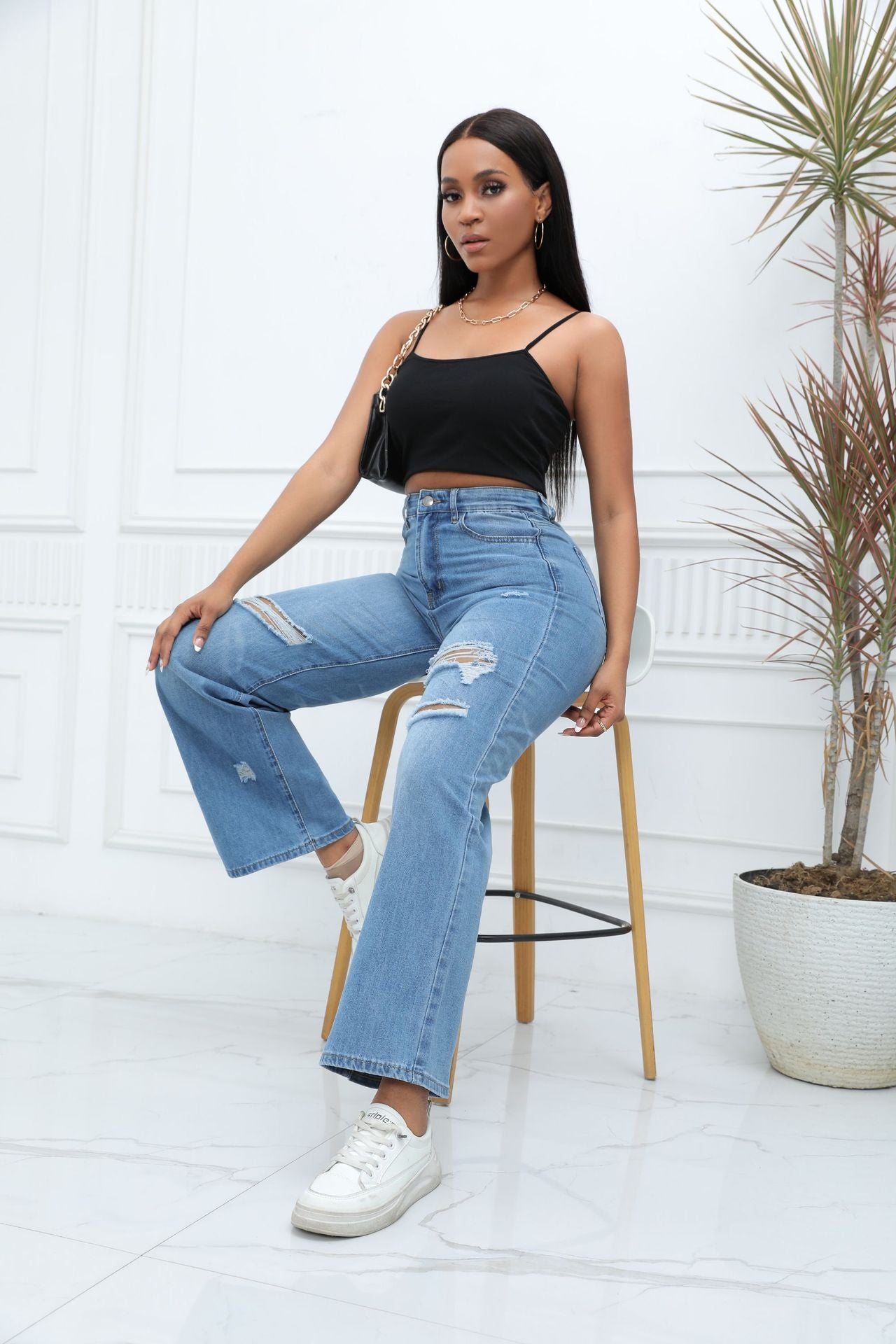 High-quality temperament ripped wide-leg pants jeans (On Hand)