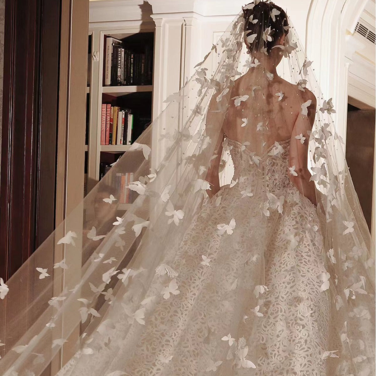 white butterfly veil main Bridal wedding dress