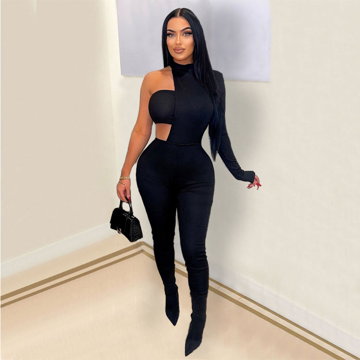 Sexy off-shoulder tight jumpsuit irregular one-piece chest wrap suit